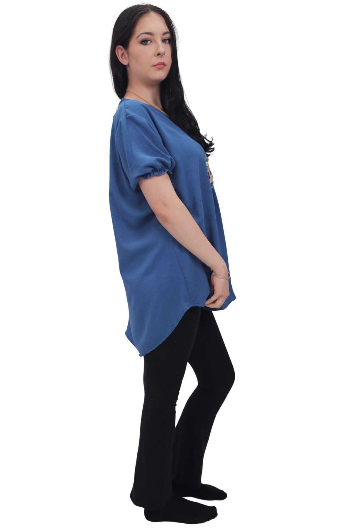 Plain Short Puff Sleeves Necklace Top