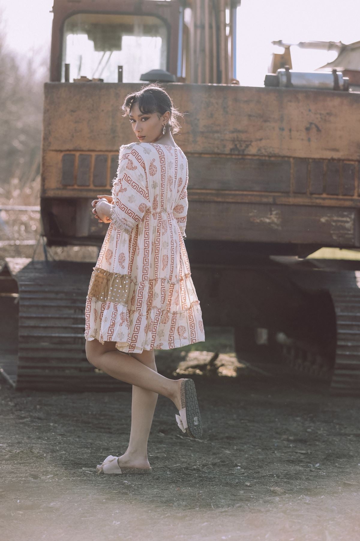 Foil Greek Key Paisley Print Lace Patch Work Dress