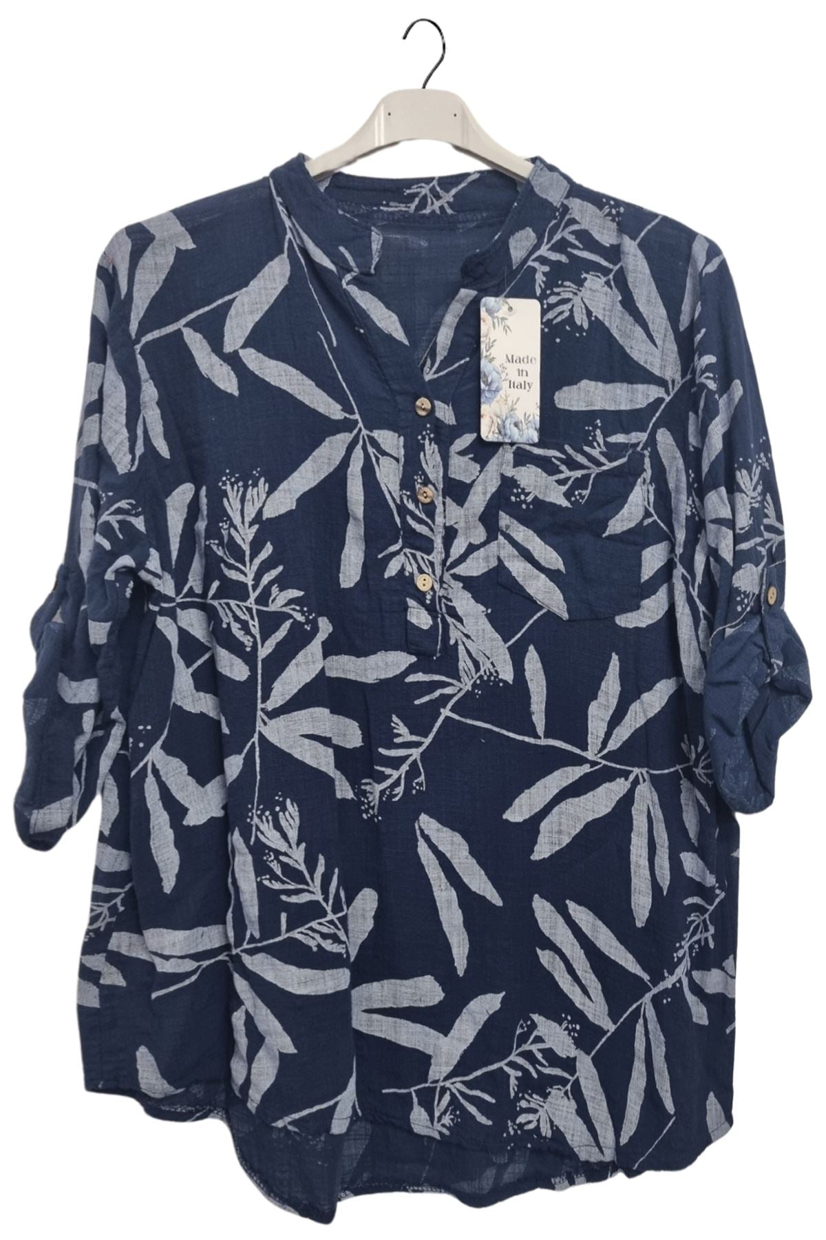 Leaf Print Chest Pocket Cotton Top