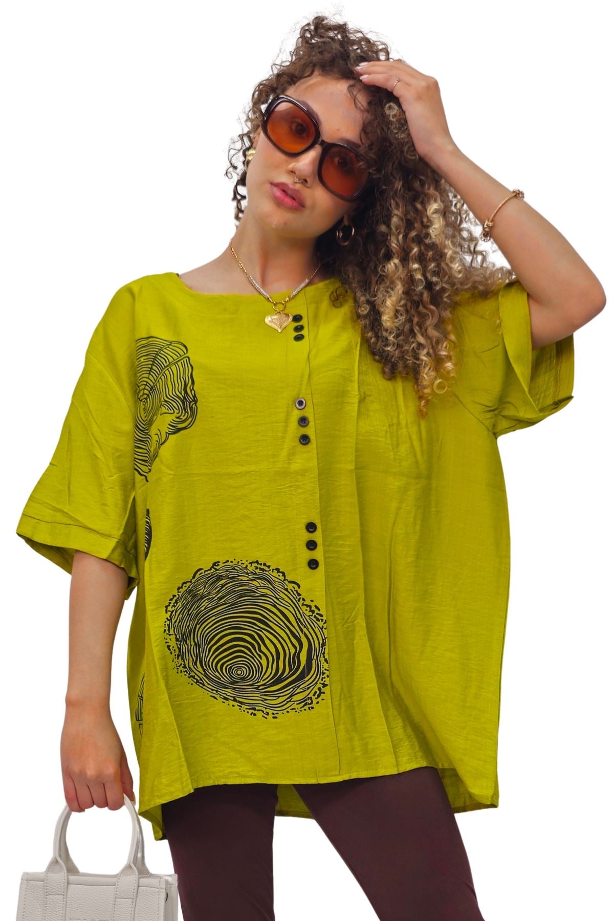 Tree Ring Print Front Button Detail Cotton Top