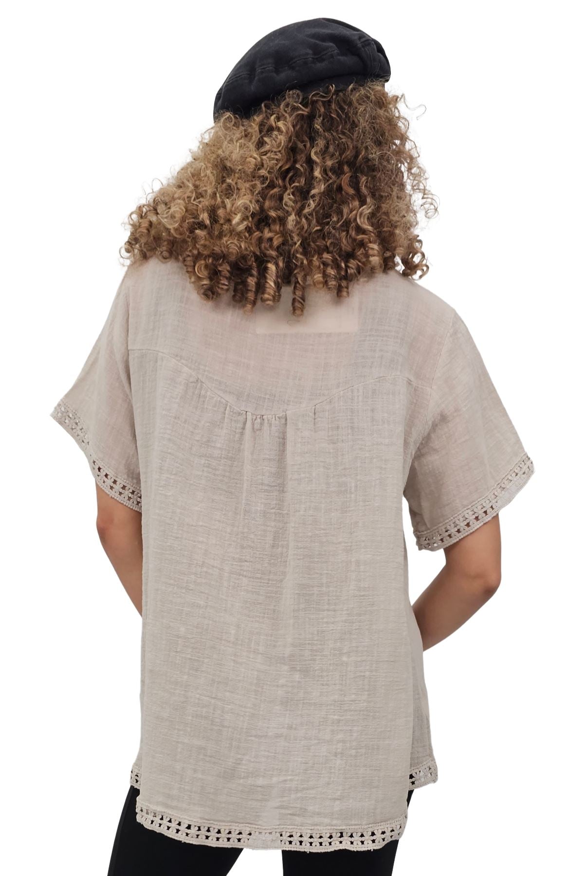 Plain Lace Hem Necklace Cotton Top