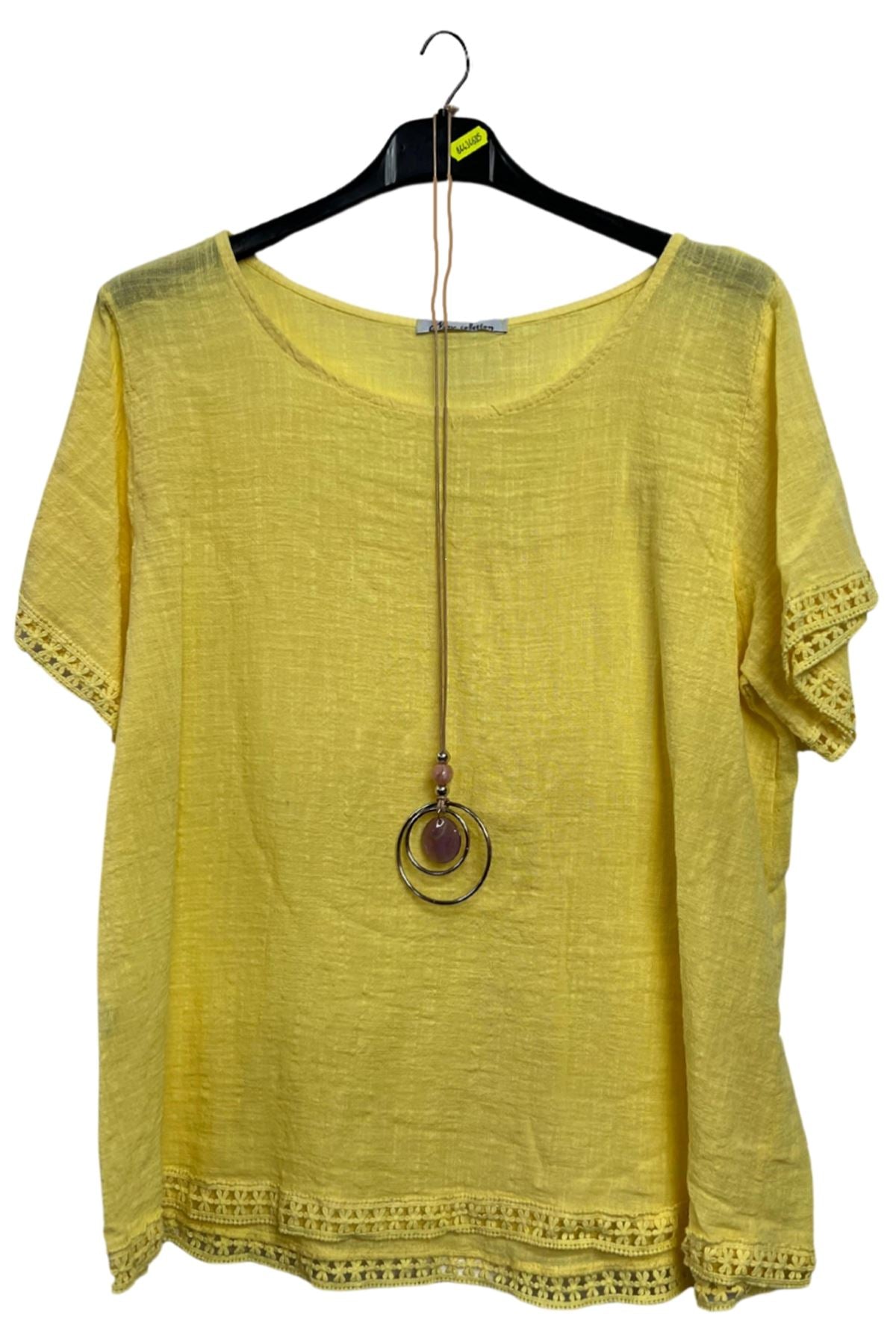Plain Lace Hem Necklace Cotton Top