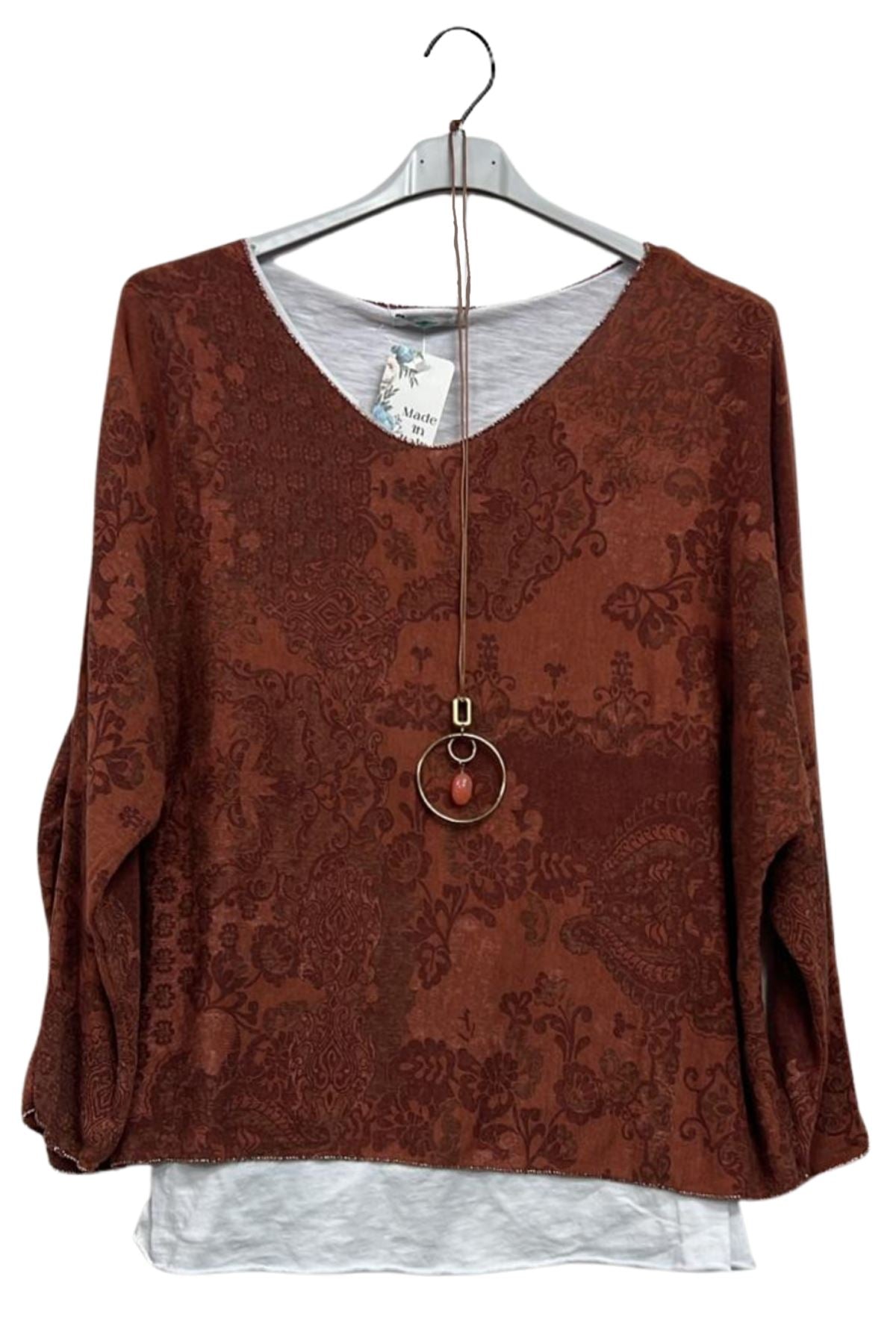 Paisley Print Layered Hem Necklce Cotton Top