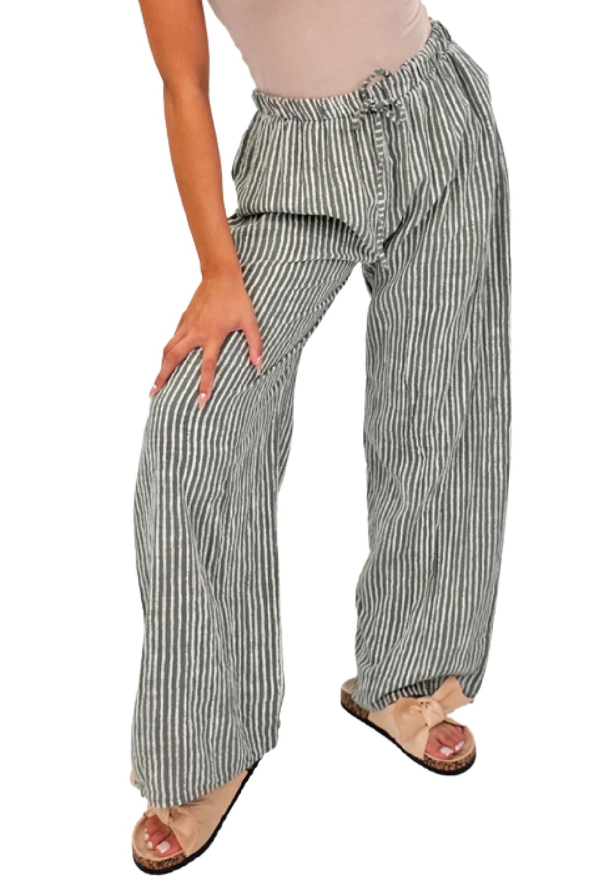 Stripe Print Elasticated Waistband Wide Leg Cotton Trousers