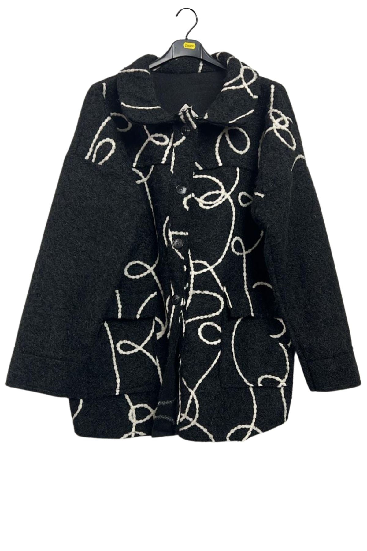 Swirl Pattern Button Closing Front Two Flap Pockets Coat