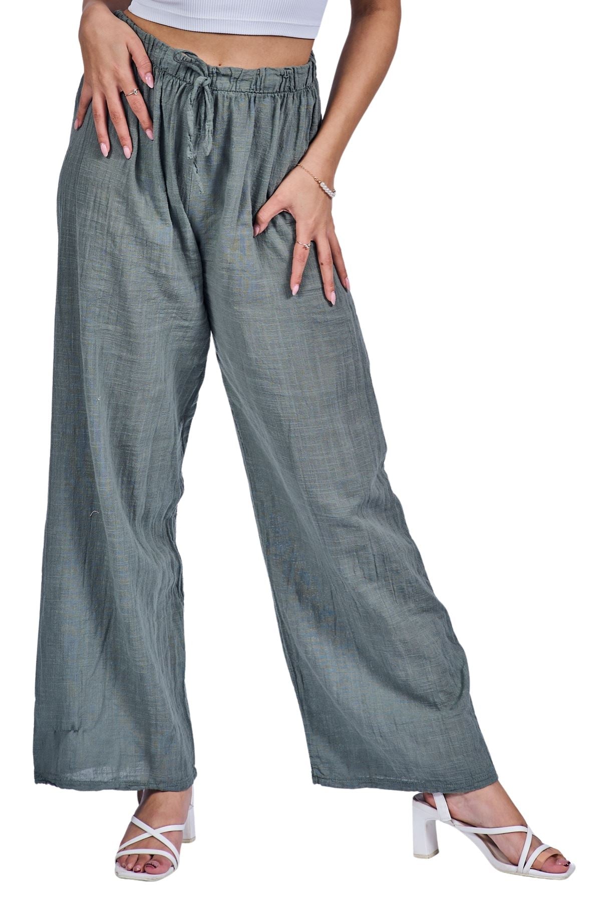 Plain Drawstring Wide Legs Cotton Trousers
