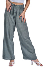 Plain Drawstring Wide Legs Cotton Trousers