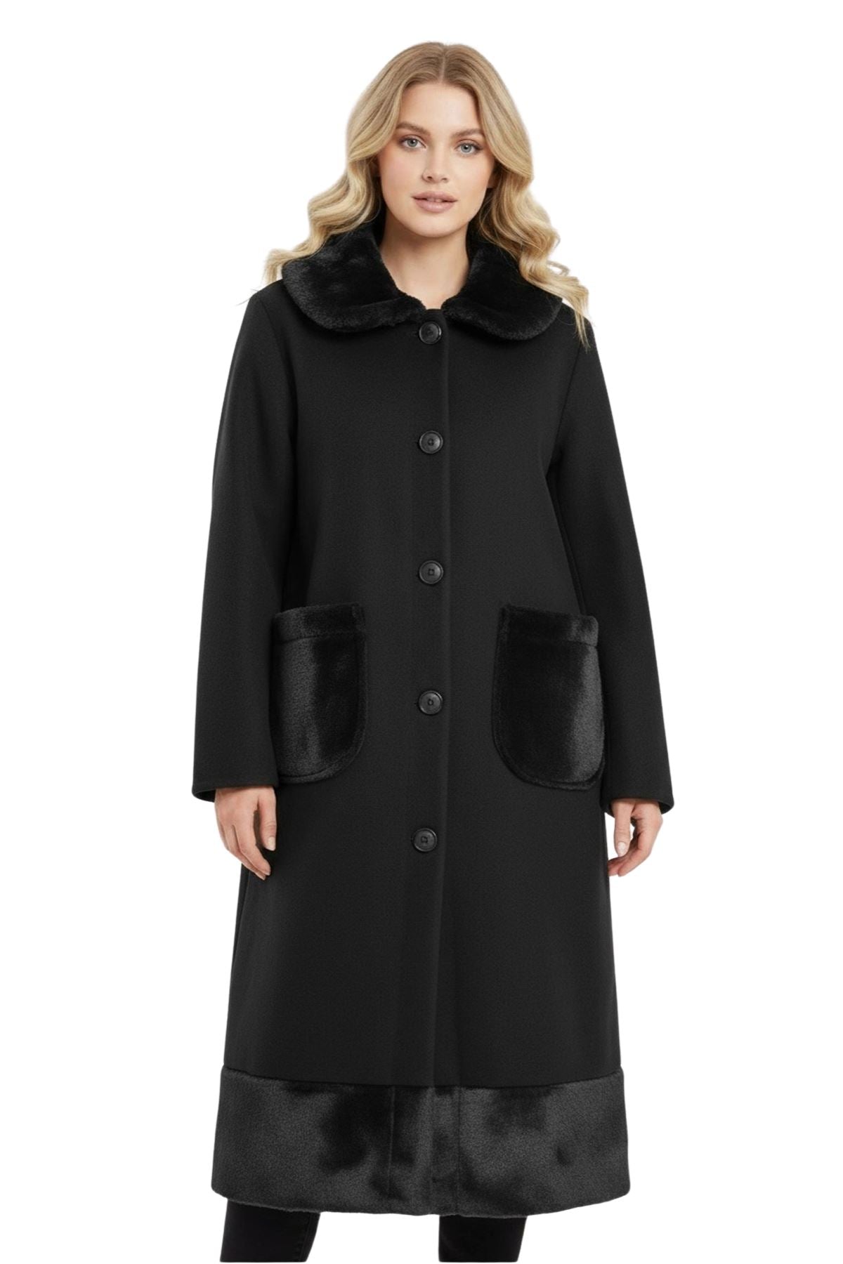 Plain Front Two Pockets Faux Fur Longline Coat