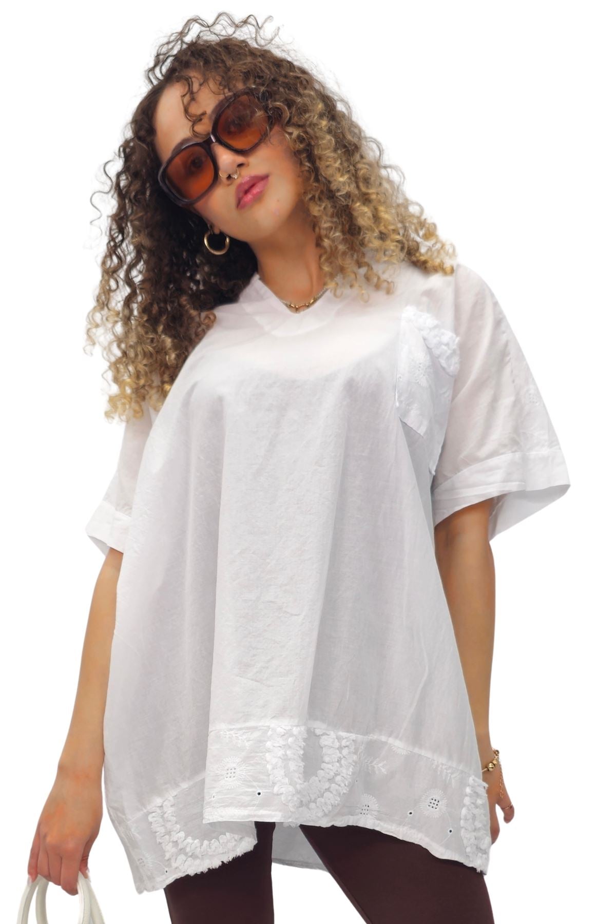 Plain Chest Pocket Lace Embroidered Detailing Cotton Top