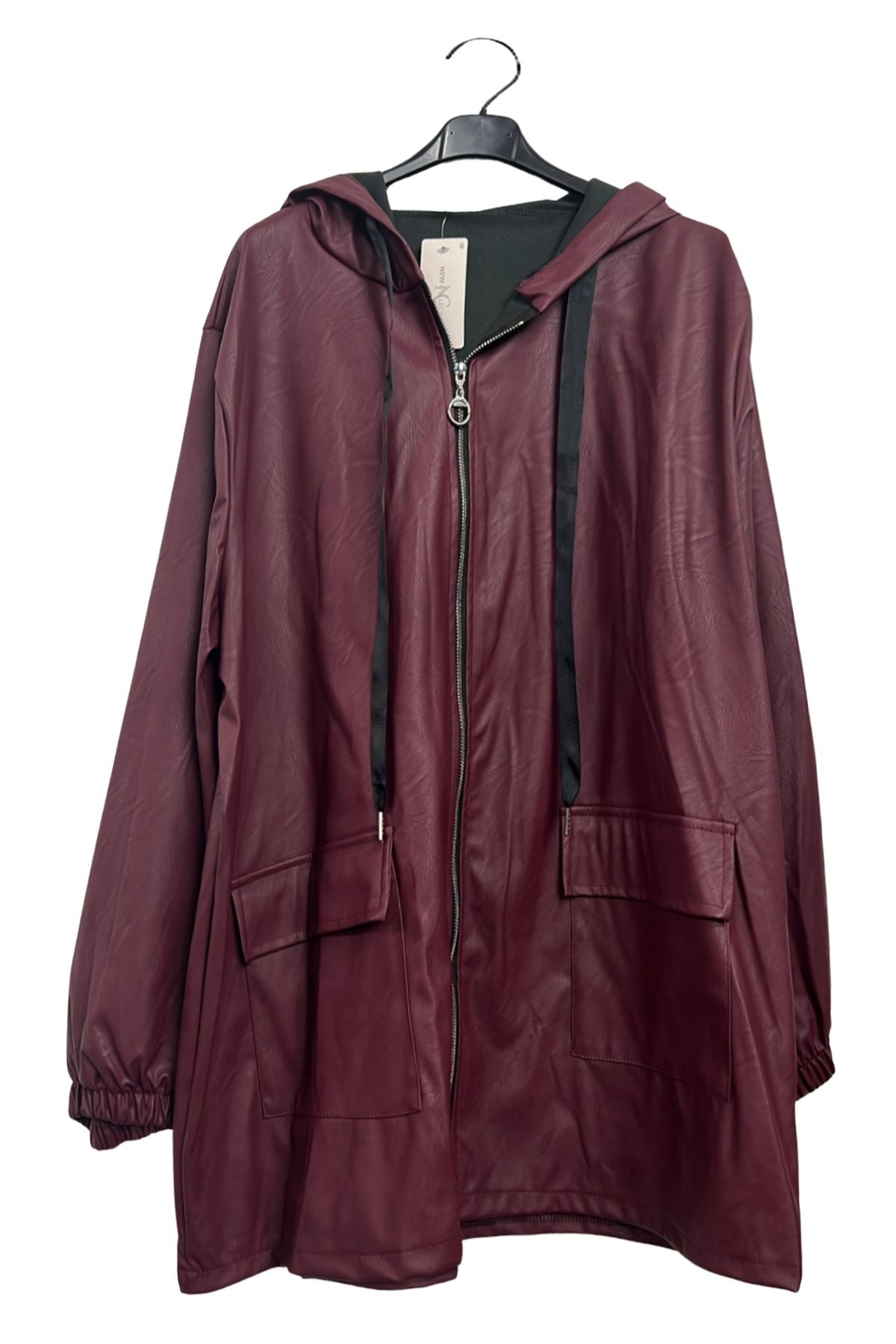 Plain Front Flap Pockets Faux Leather Hooded Jacket