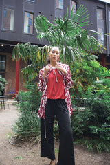 Bold Abstract leaf Print Drawstring Tie Front Cardigan