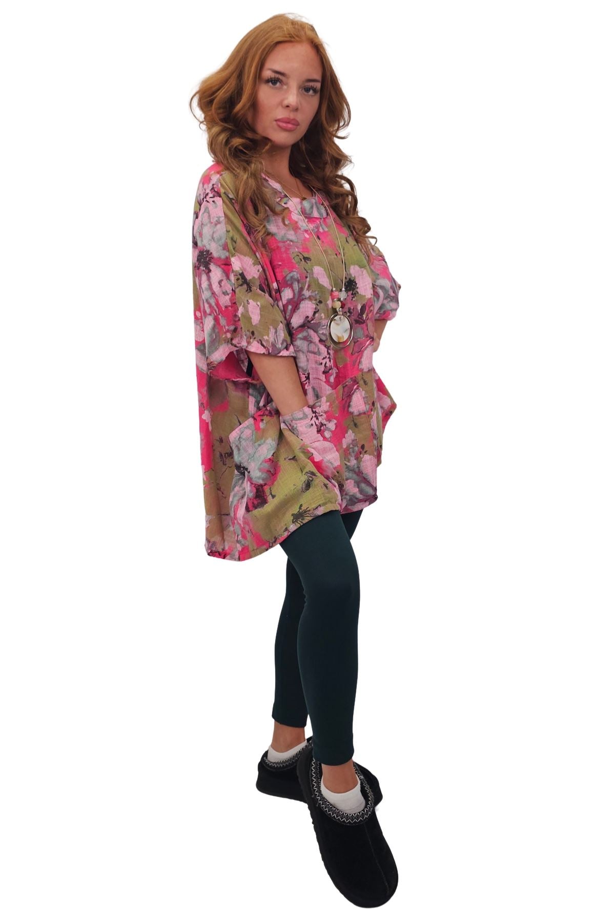 All-Over Floral Print Neck Button Top