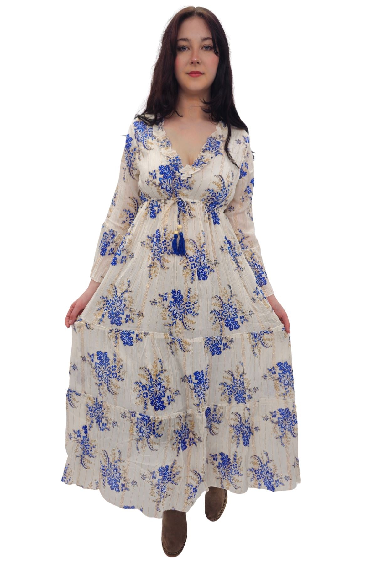 Flower Cluster Print Gold Stripes Dress
