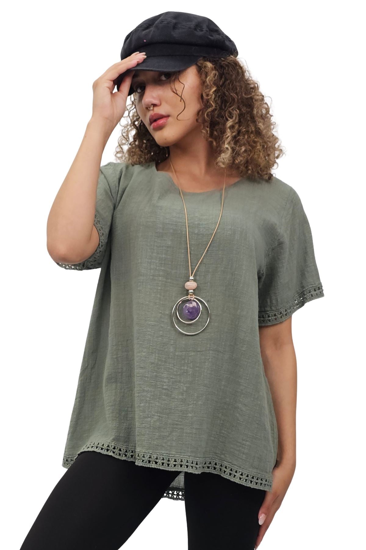 Plain Lace Hem Necklace Cotton Top