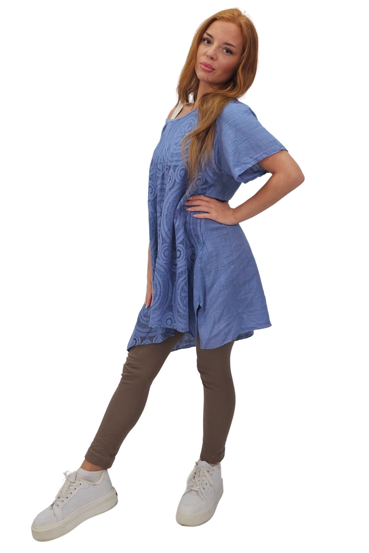 Circular Geometric Pattern Side Slit Cotton Top