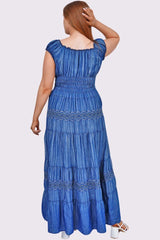 Aztec Pattern Shirred Waist Tiered Button Denim Cotton Dress