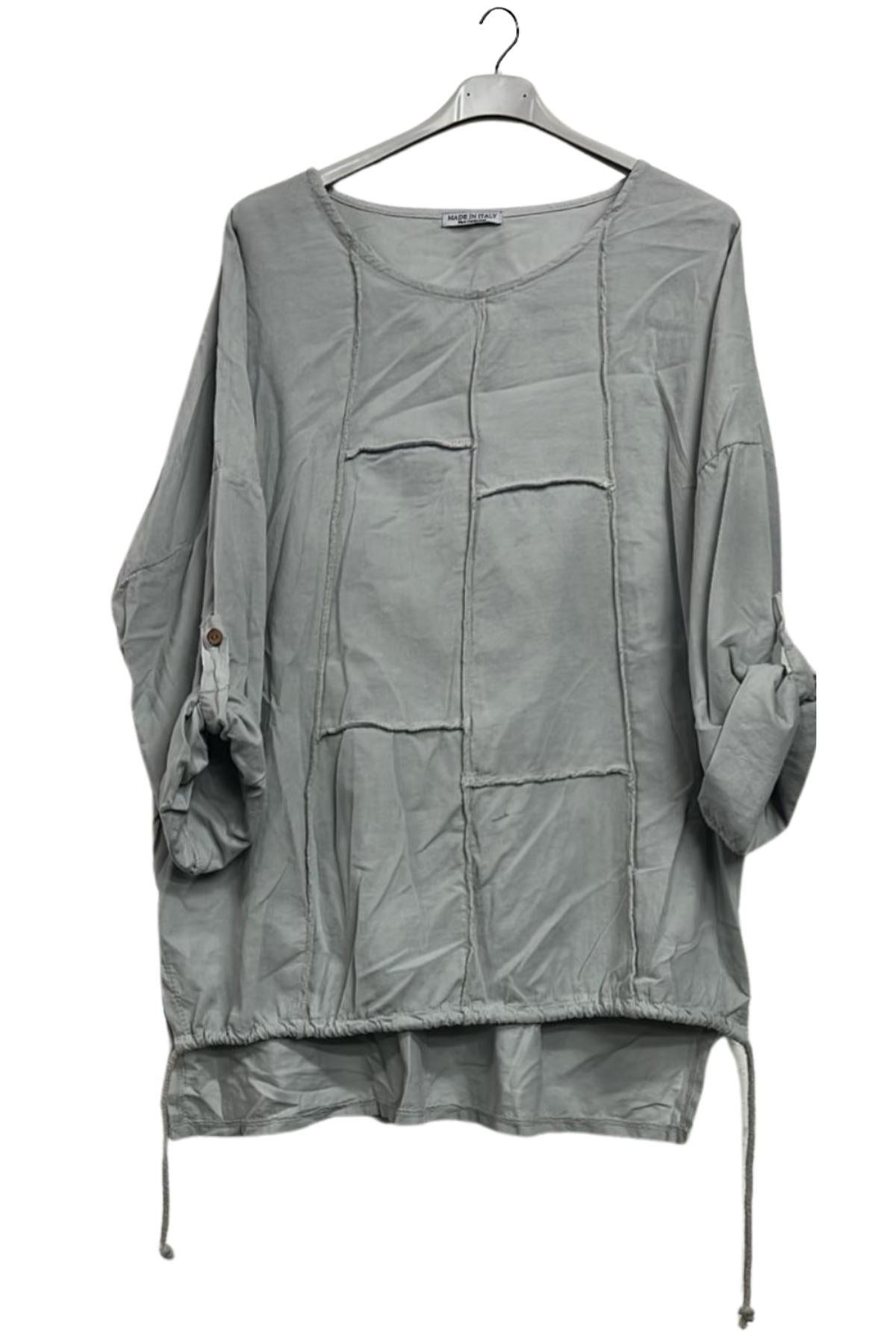 Plain Front Patch Detail High Low Drawstring Hem Cotton Top