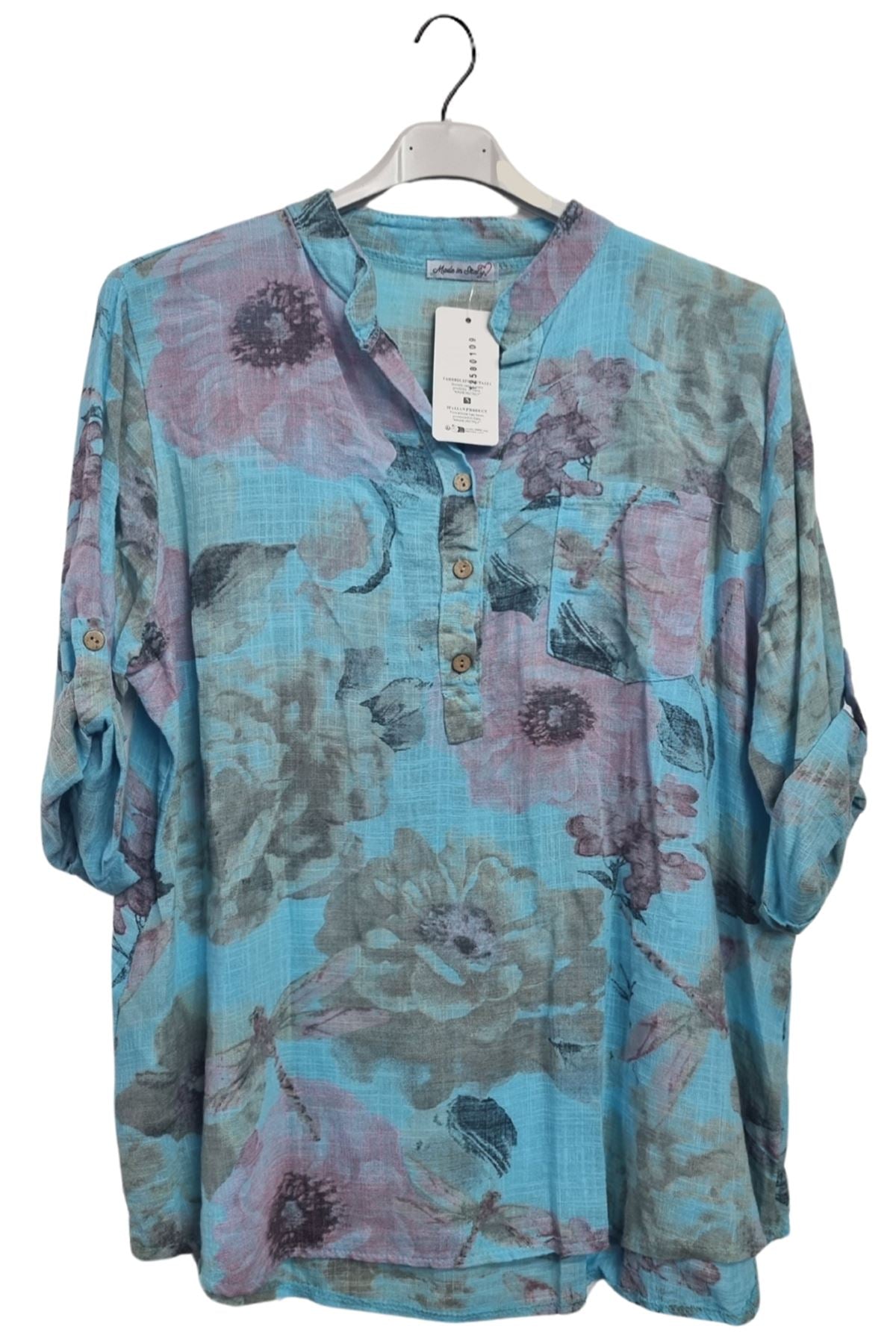 Floral Print Chest Pocket Oversized Tunic Cotton Top