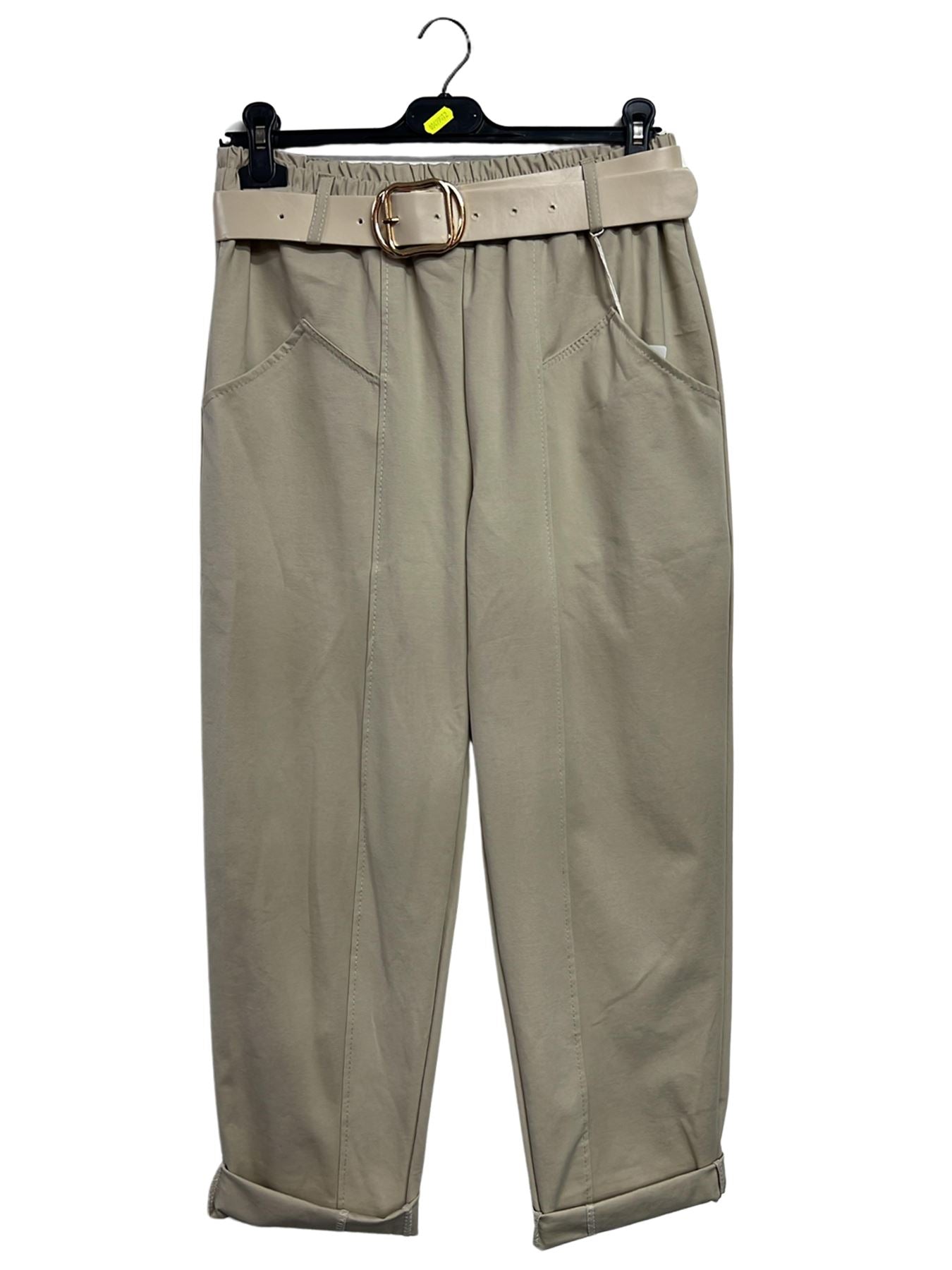 Plain Front Pockets Belted Pants