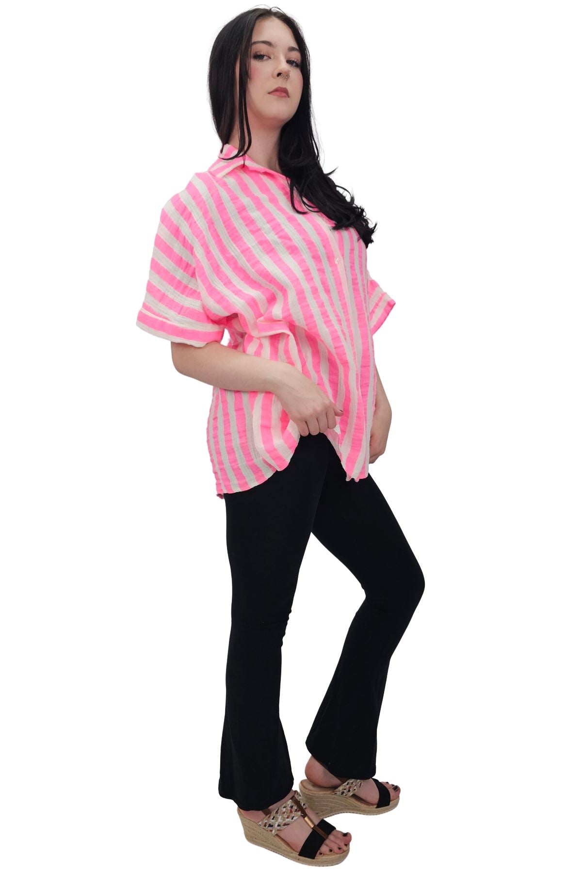 Vertical Stripes Print Front Button Down Cotton Shirt