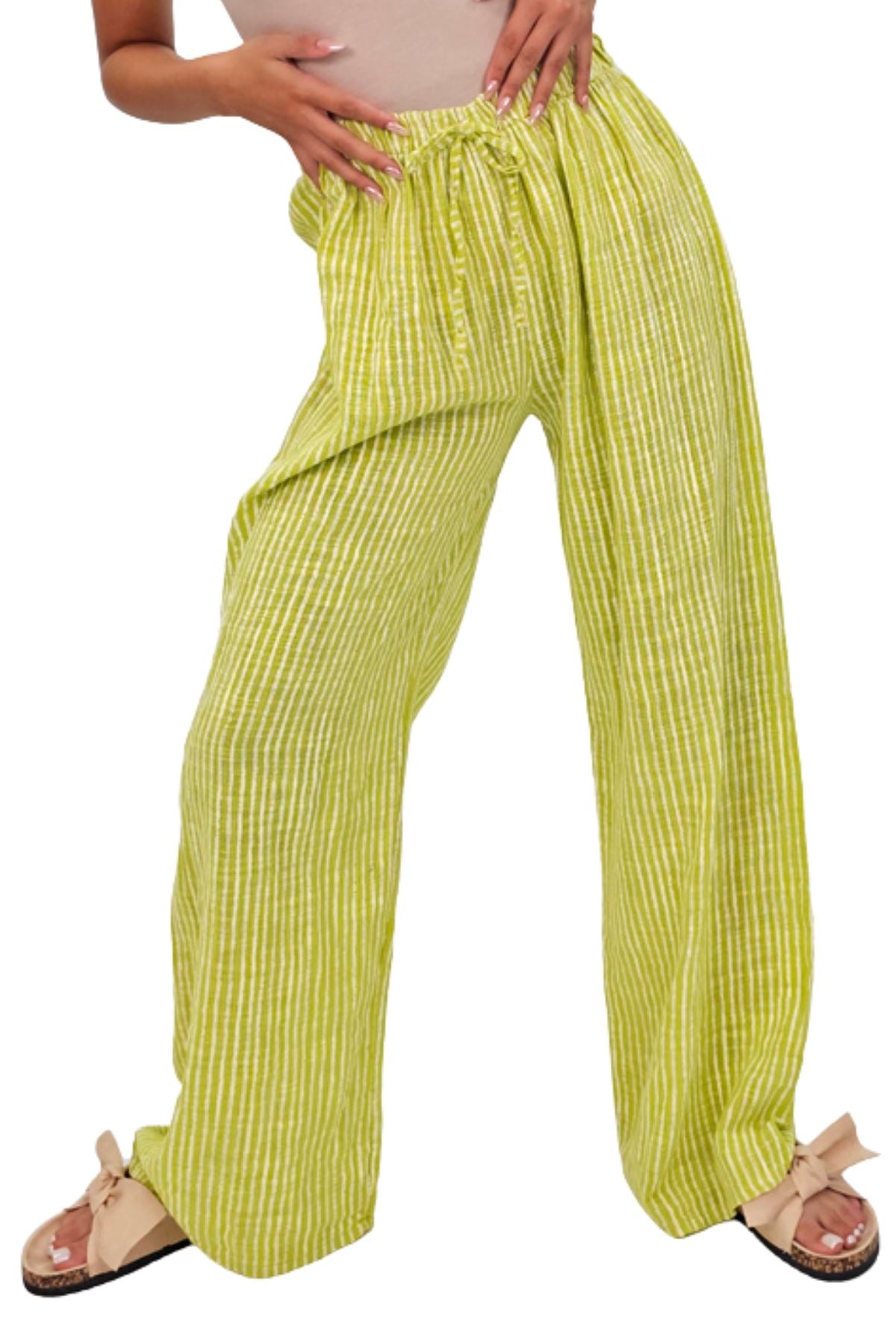 Stripe Print Elasticated Waistband Wide Leg Cotton Trousers