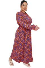 Aztec Print Shirred Cuff Drawstring Waist Dress