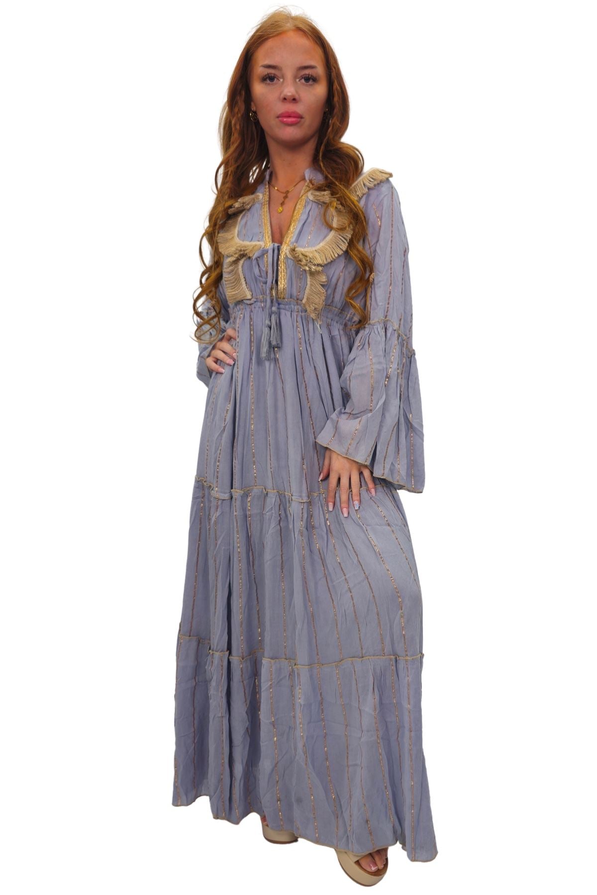 Gold Stripe Cord Design Neck Dress