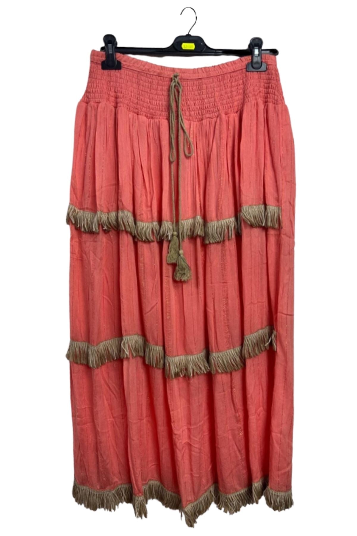 Shiny Stripe Pattern Tiered Tassel Maxi Skirt