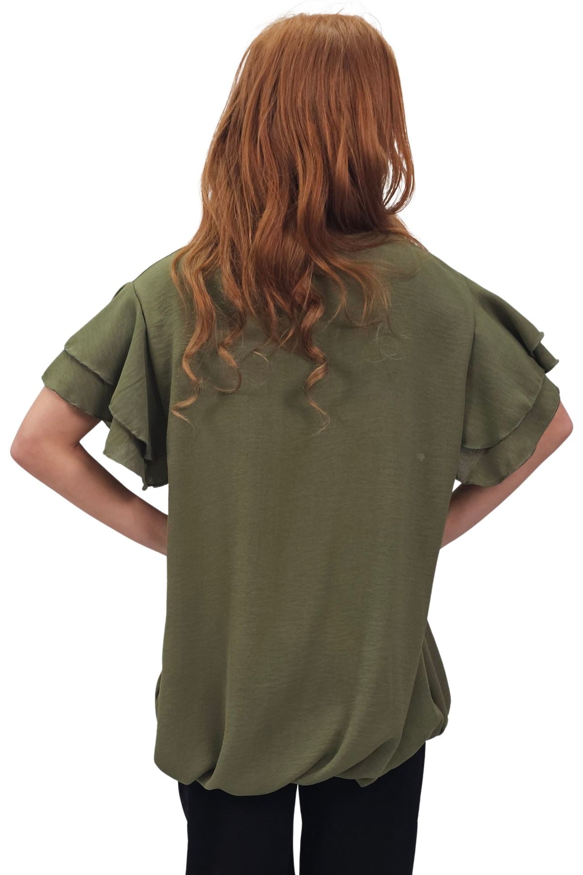 Plain Flutter Sleeves Elastic Hemline Top