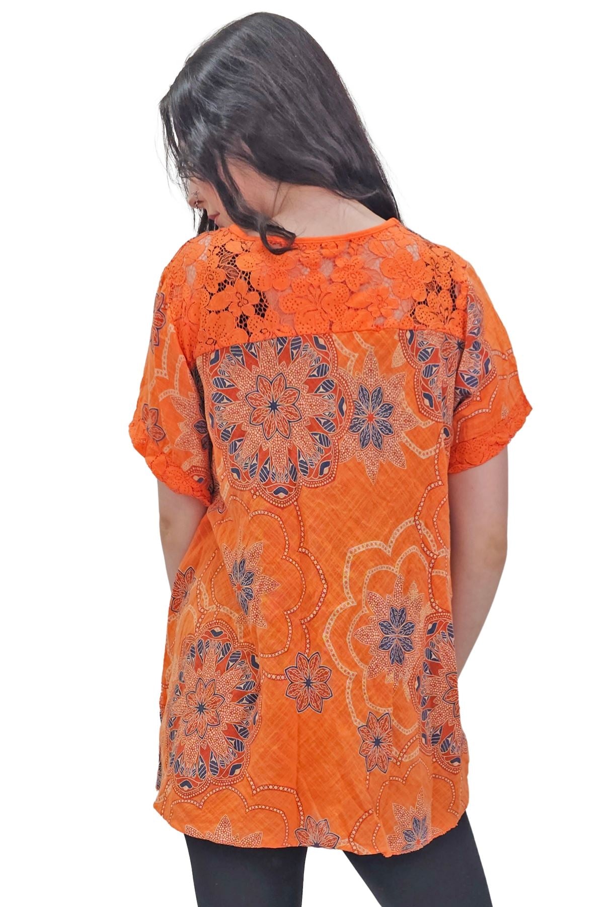 Intricate Floral Geometric Pattern Lace Detail Cotton Top