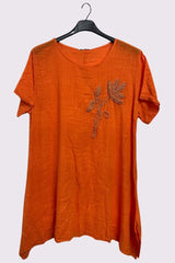 Embroidered Flower Side Slits Oversized Cotton Top