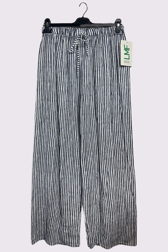 Stripe Print Elasticated Waistband Wide Leg Cotton Trousers