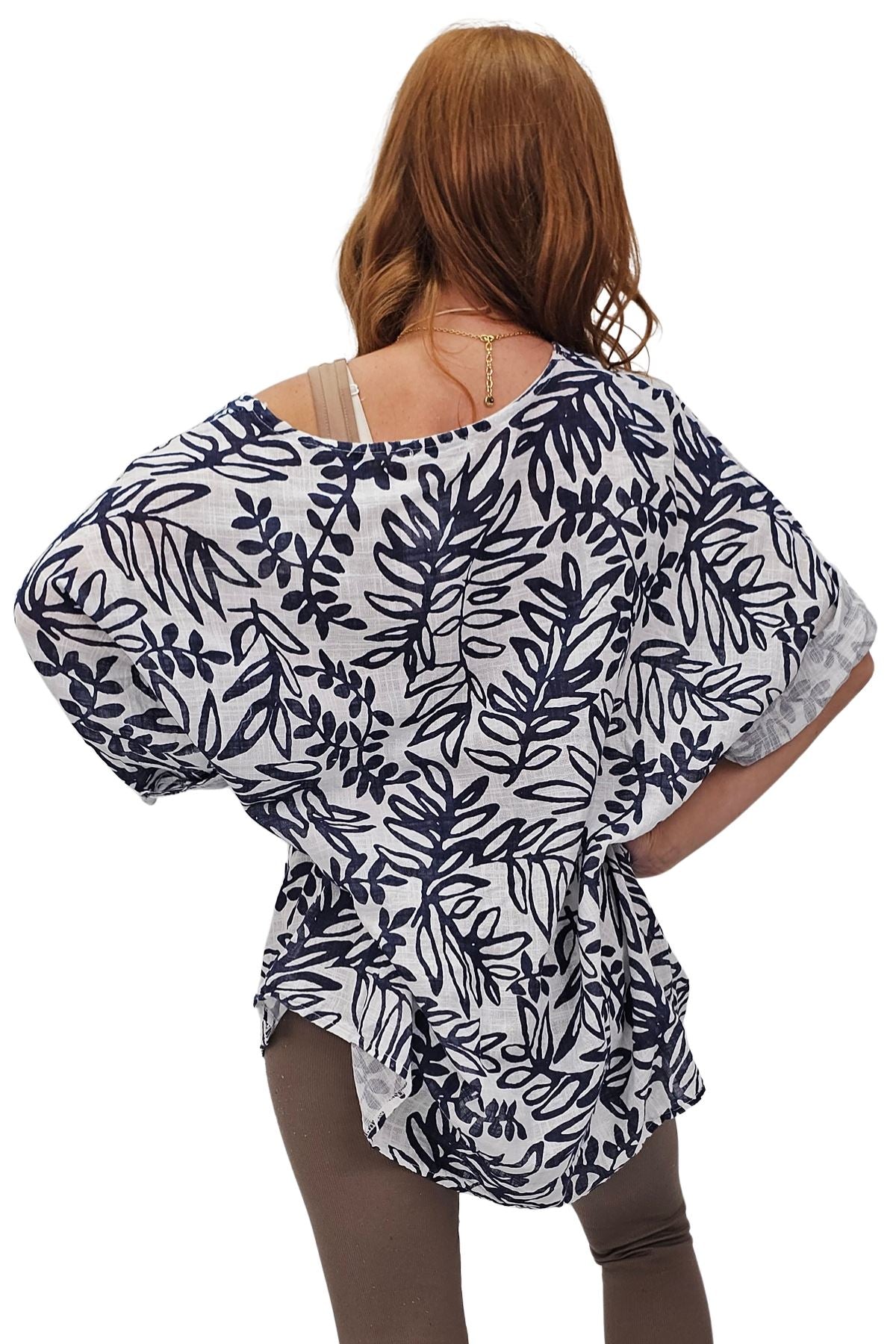 Floral Print Necklace Cotton Tunic Top