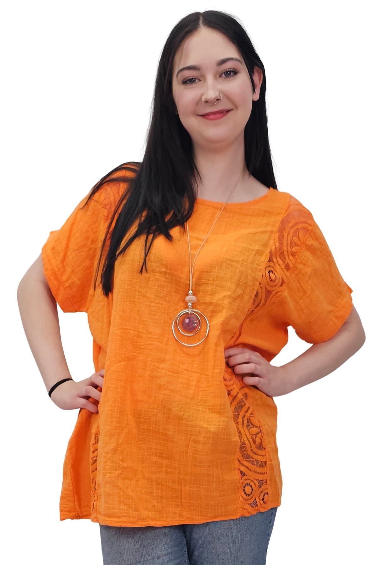 Plain Textured Side Panel Necklace Cotton Top