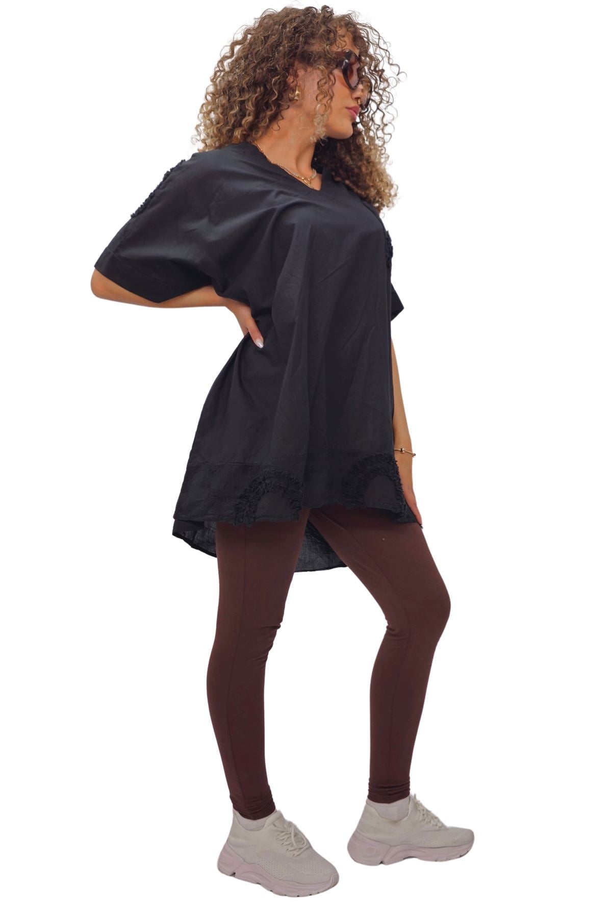 Plain Chest Pocket Lace Embroidered Detailing Cotton Top