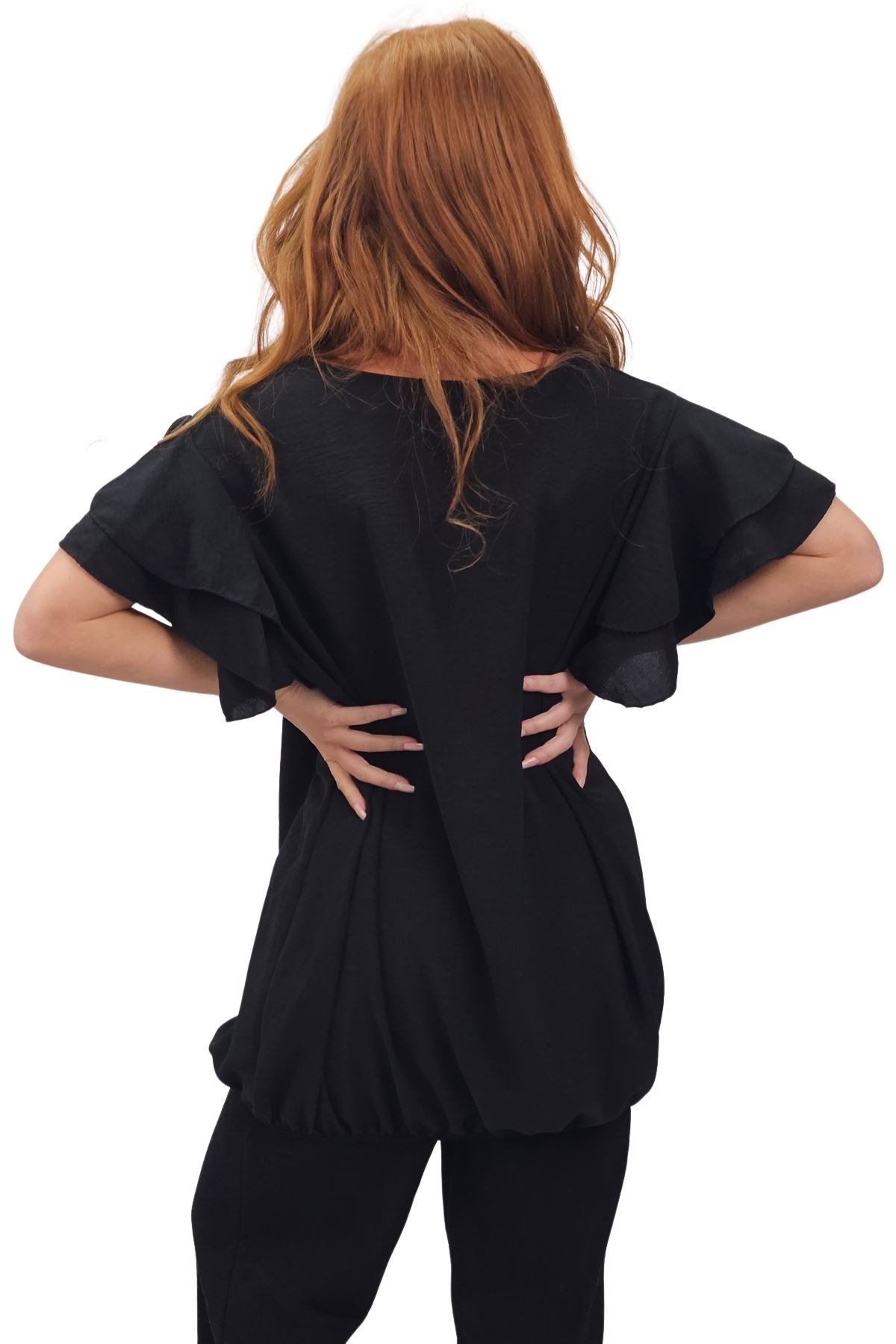 Plain Flutter Sleeves Elastic Hemline Top