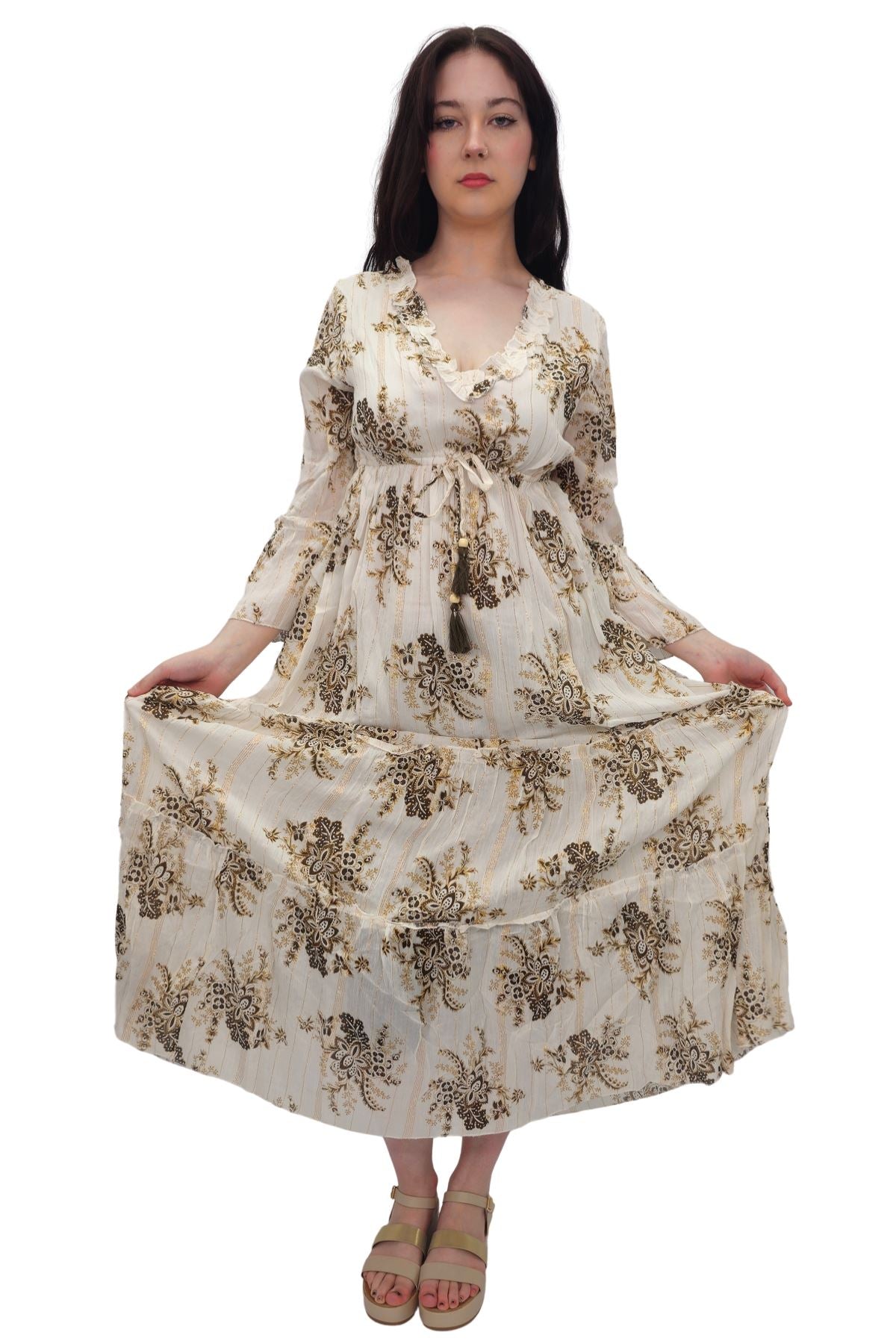 Flower Cluster Print Gold Stripes Dress