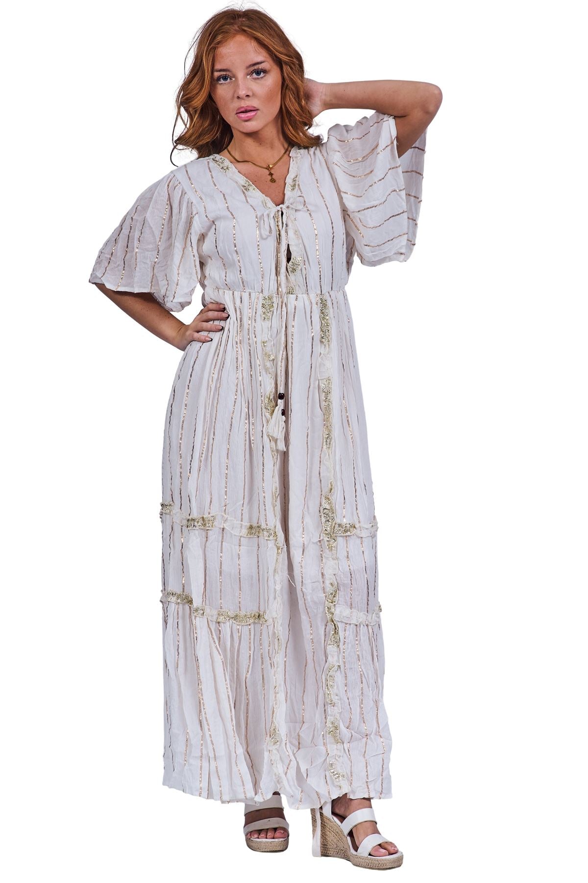 Vertical Metallic Stripe Detailing Pattern Bohemian Chic Dress
