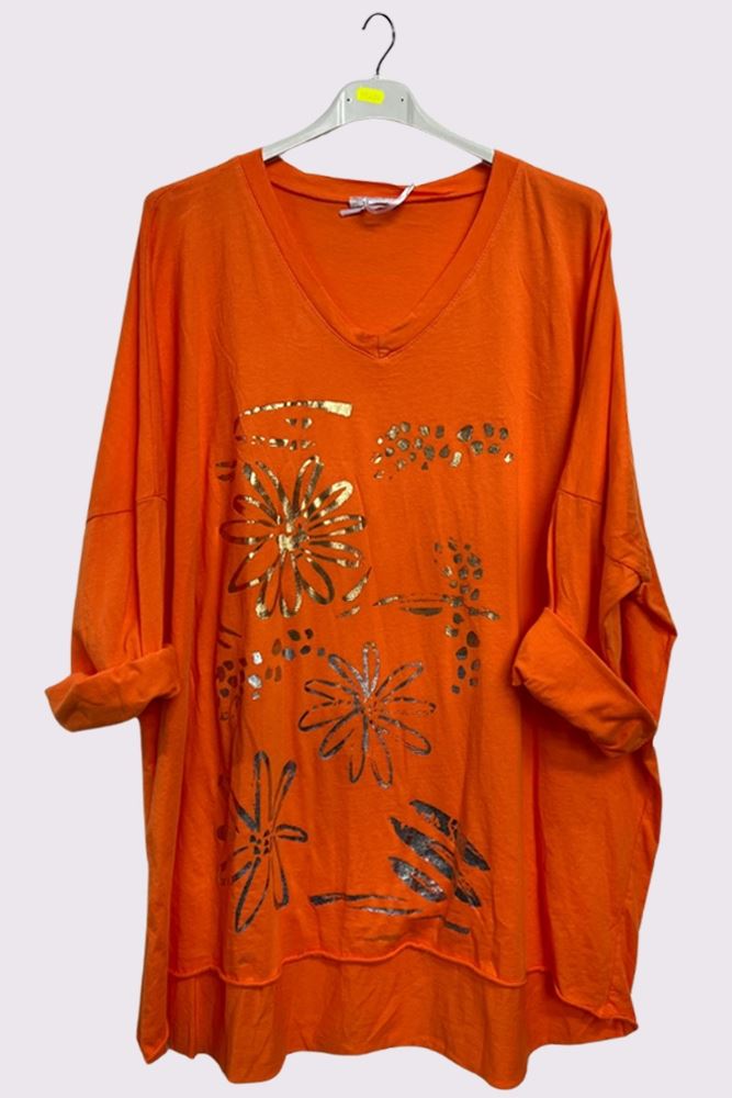 Flower Leopard Foil Print Dip Hem Cotton Top