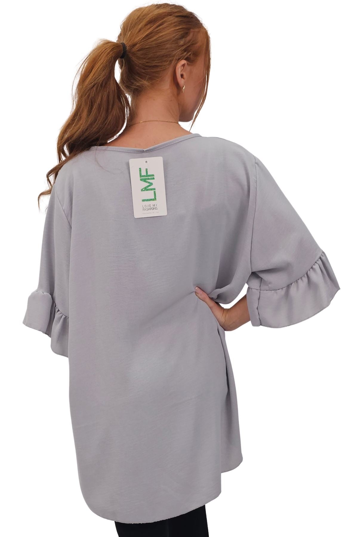 Plain Tie Neck Ruffle Sleeve Top