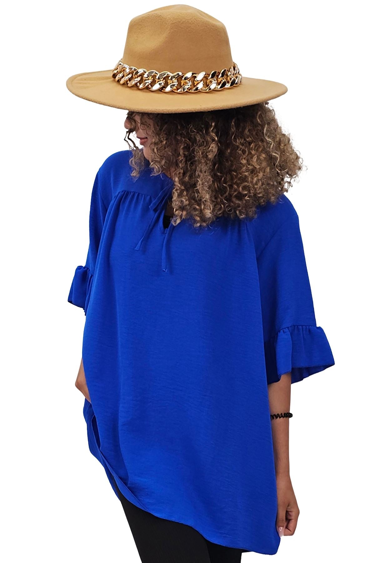 Plain Tie Neck Ruffle Sleeve Top