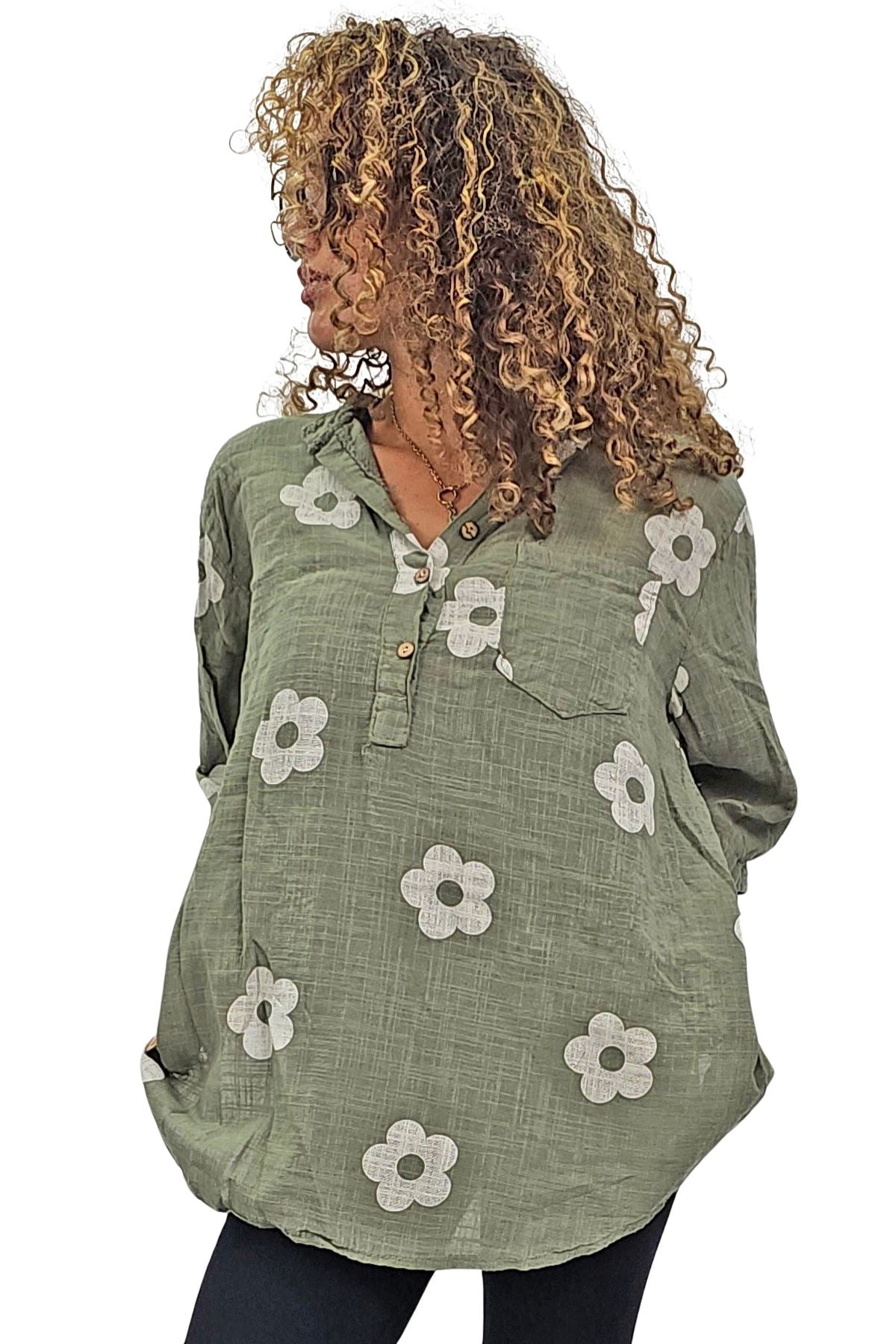 Floral Print Single Chest Pocket Cotton Top