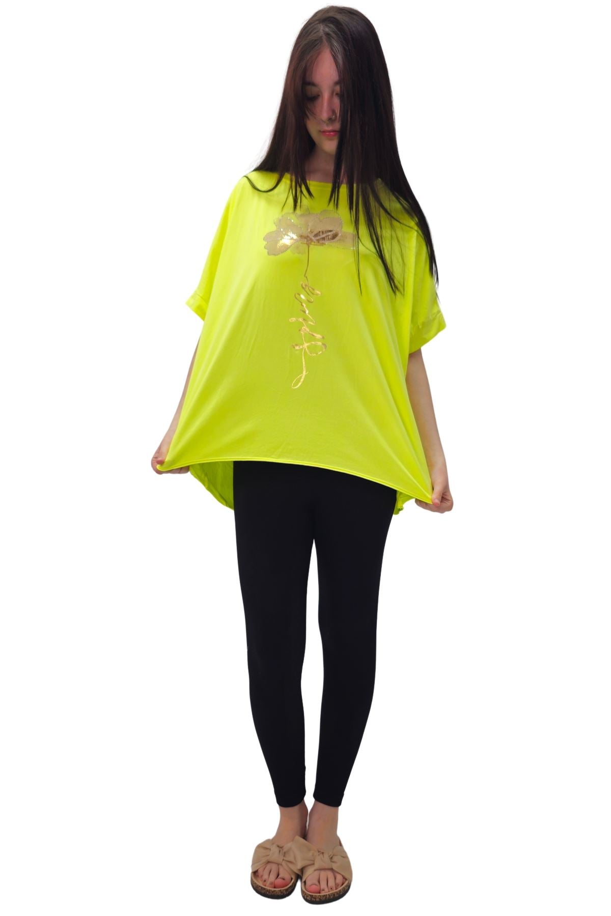 Gold Foil Spring Flower High Low Hem Cotton Top