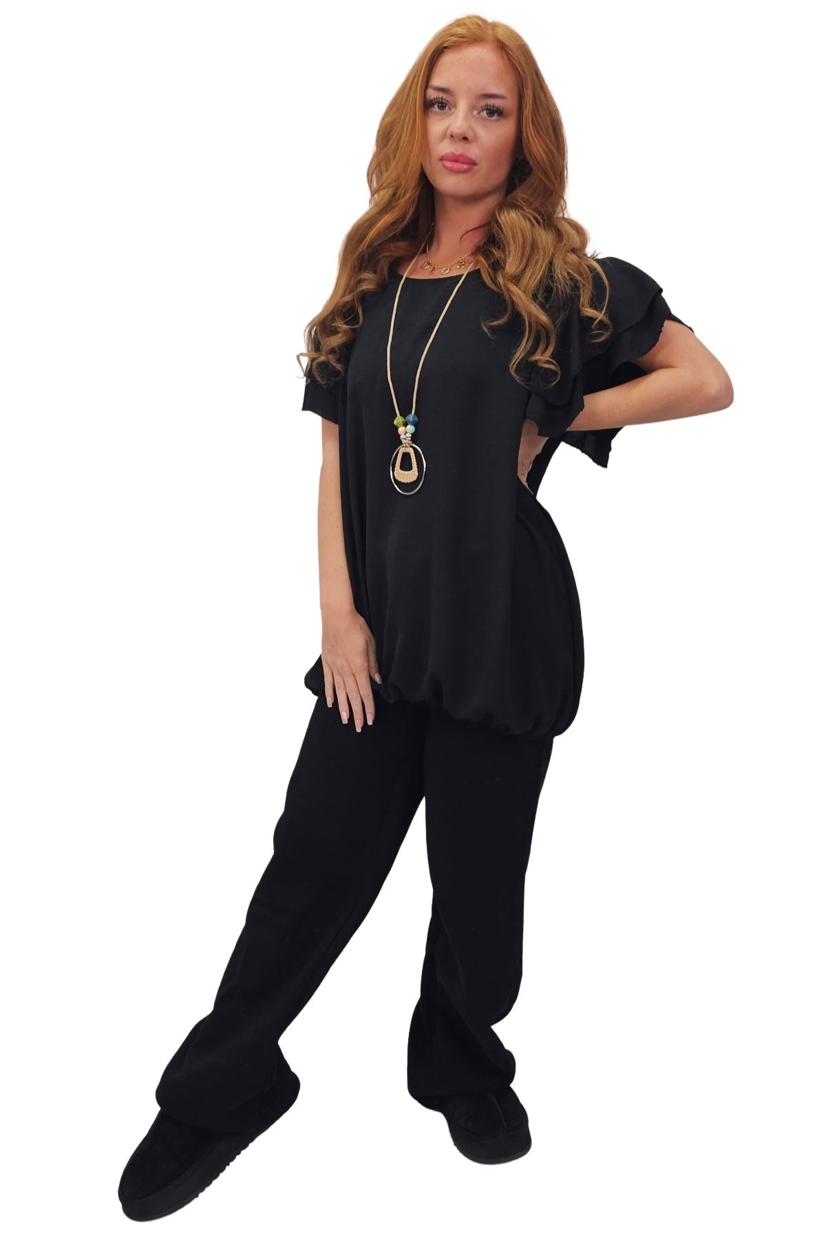 Plain Flutter Sleeves Elastic Hemline Top