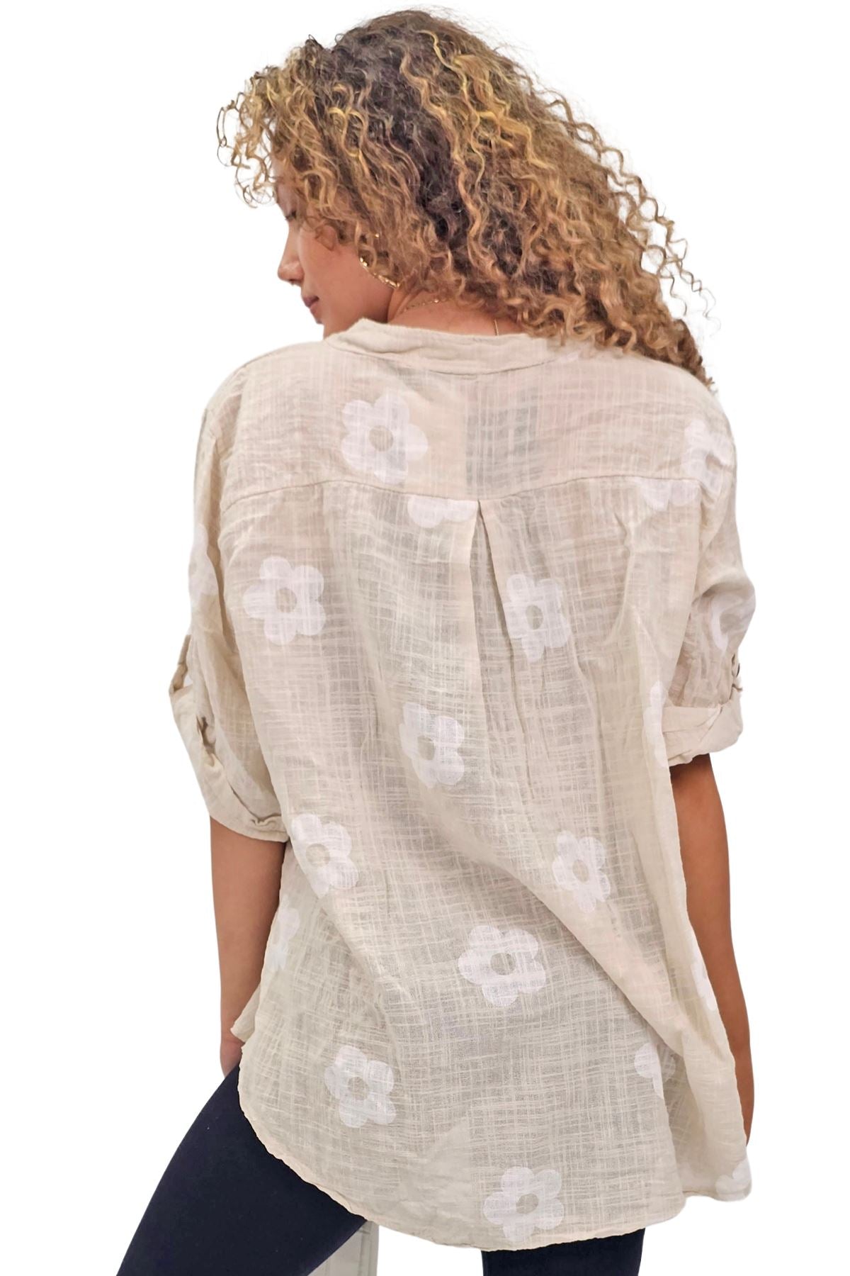 Floral Print Single Chest Pocket Cotton Top