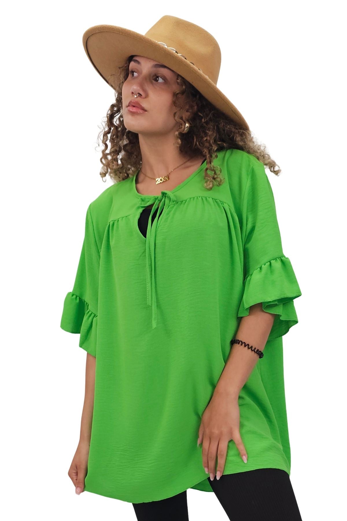 Plain Tie Neck Ruffle Sleeve Top