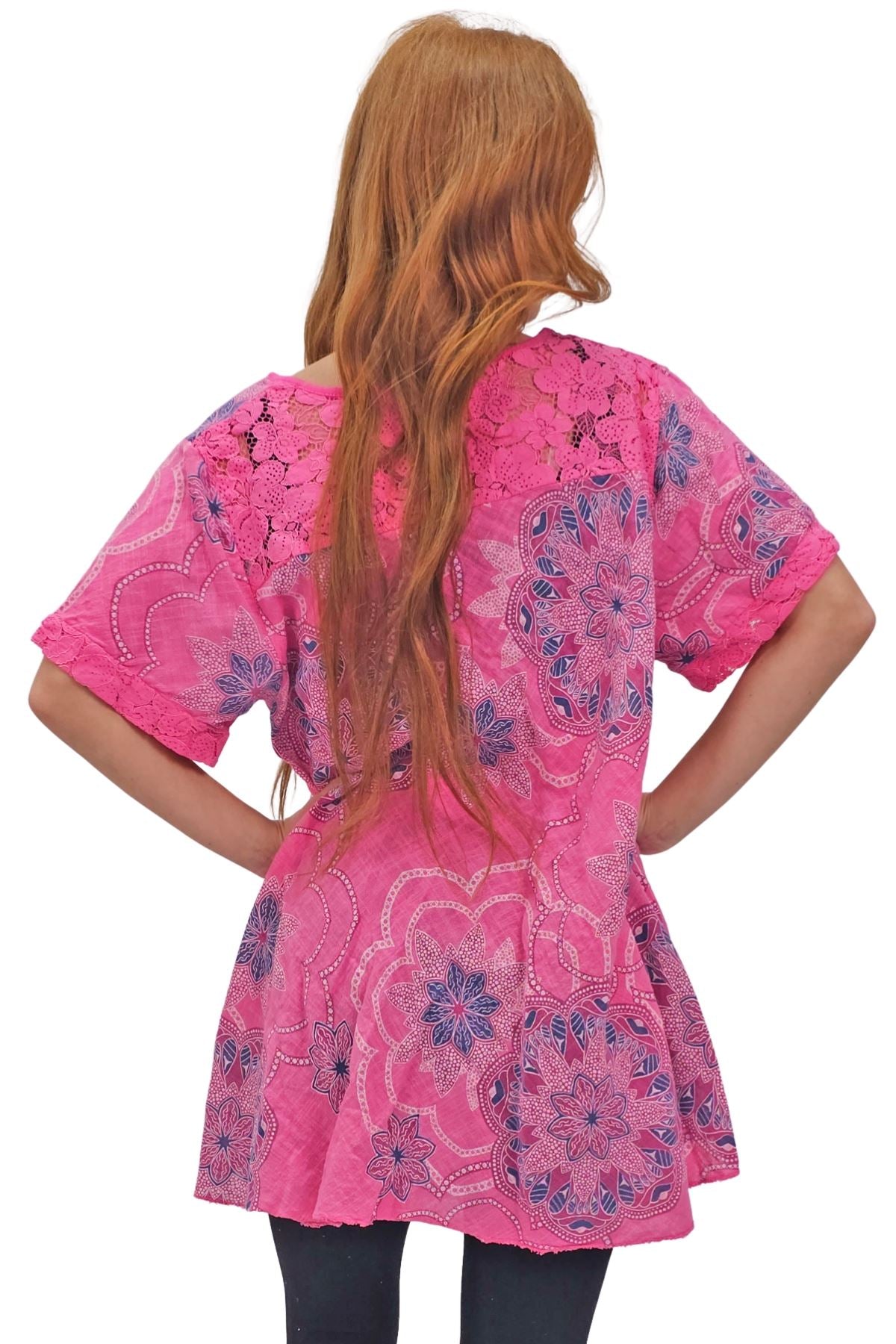Intricate Floral Geometric Pattern Lace Detail Cotton Top