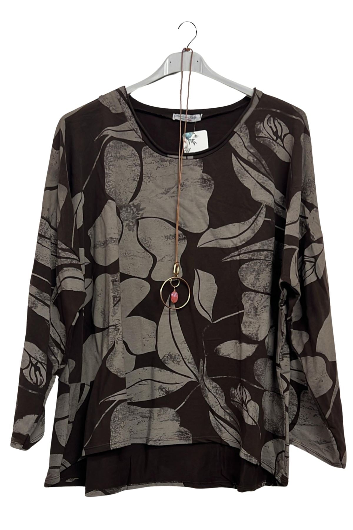 Abstract Floral Print High Low Hem Cotton Top