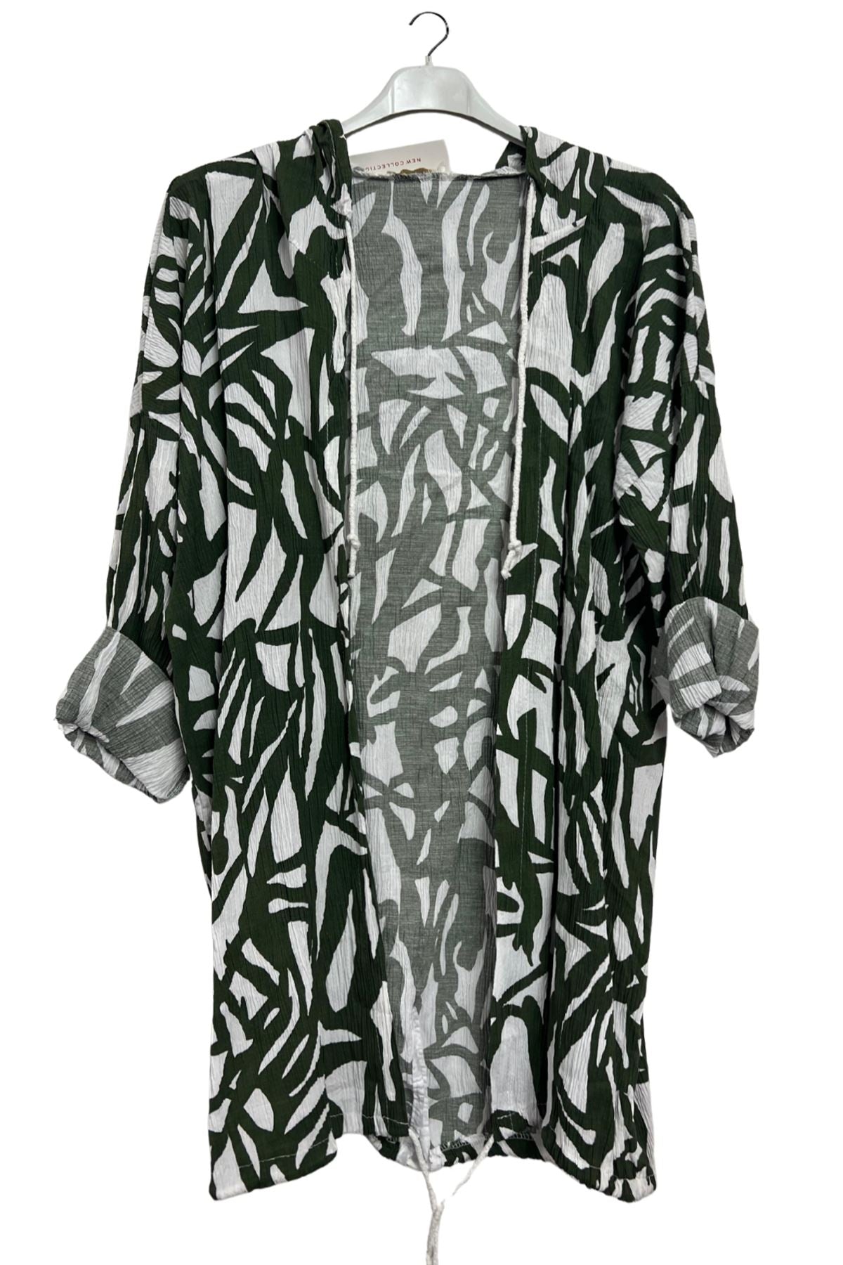 Bold Abstract leaf Print Drawstring Tie Front Cardigan