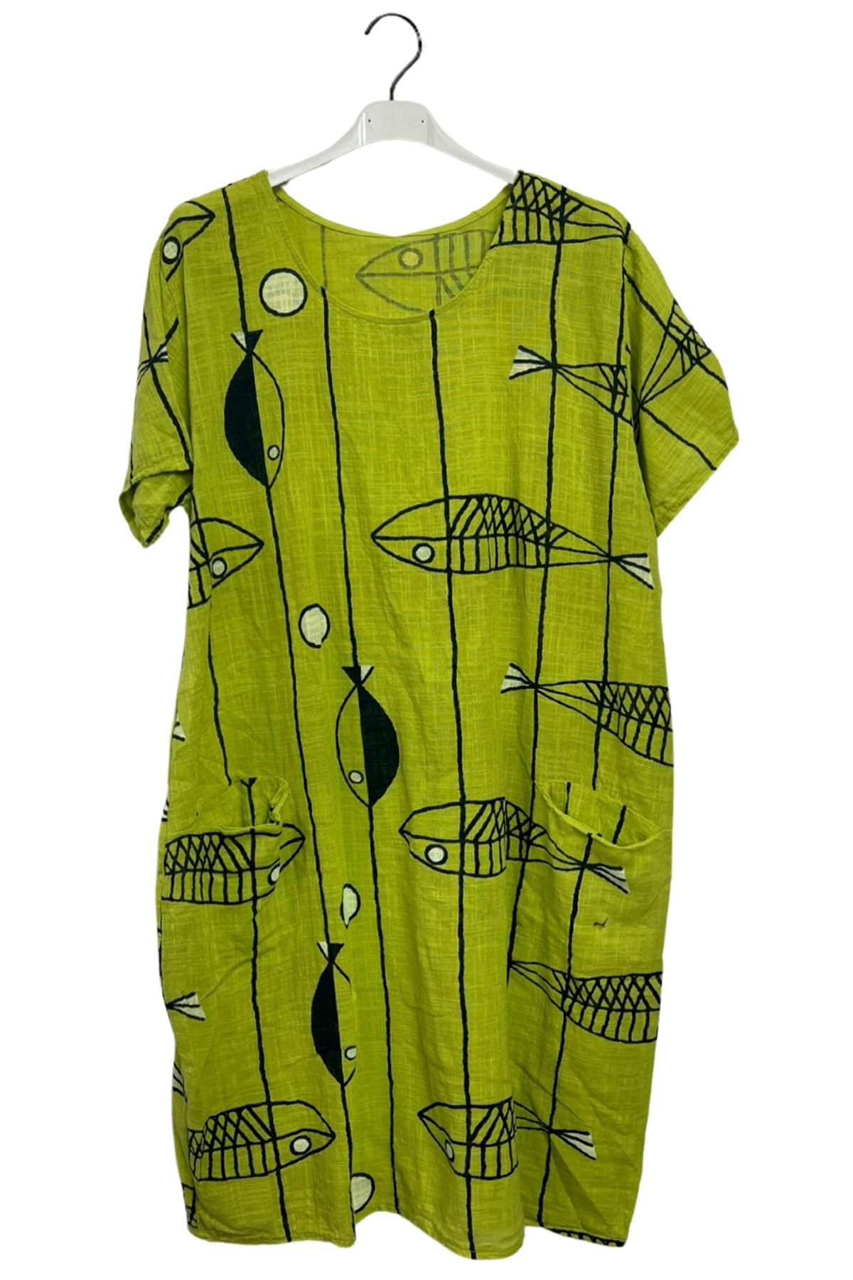 Fish Stripe Print Front Two Pockets Cotton Dress